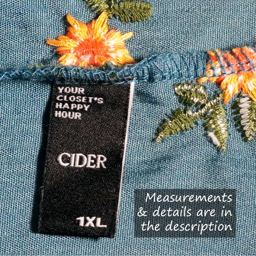 Embroidered Teal Corduroy Square Neck Mini Dress Whimsical Boho Chic Plus 1X XL - Picture 6 of 7